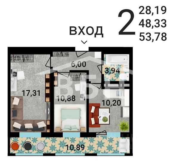 2-комн. квартира, 52,82 м² в ЖК «Никитин»